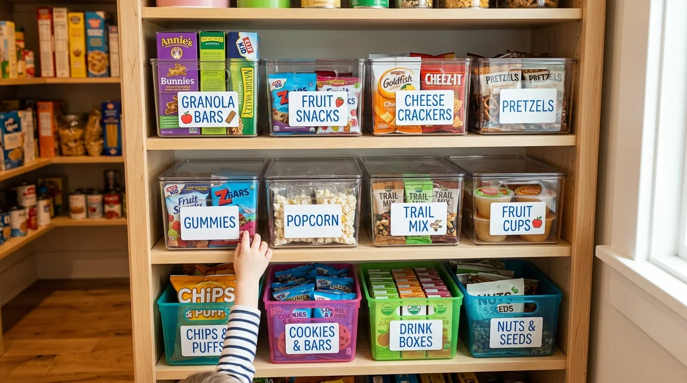 Kid-friendly pantry snack station with bins